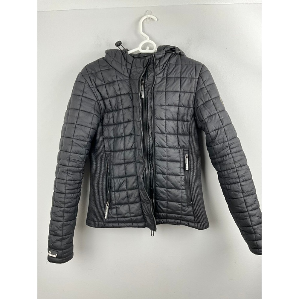 Superdry FUJI Jkt Quilted Hooded Jacket‎ Black Full Zip Womens Size Small